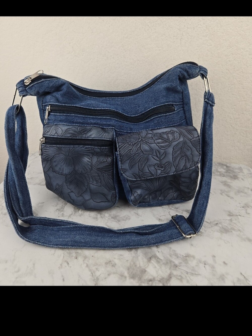 Gold Coast Blue Denim Crossbody Bag with Floral Pockets